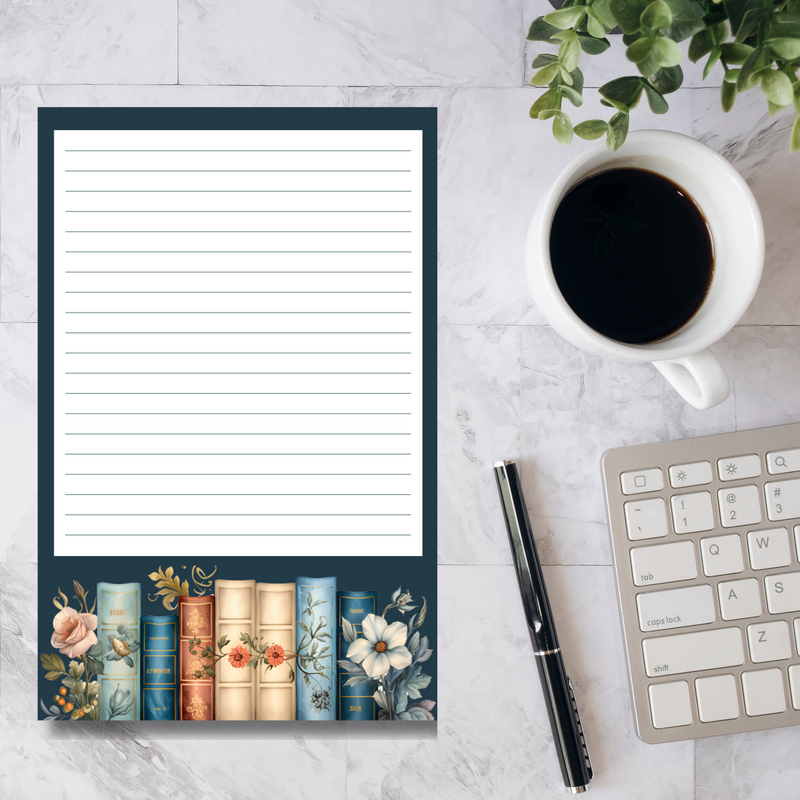 Books Notepad with Florals and Dark Green Border