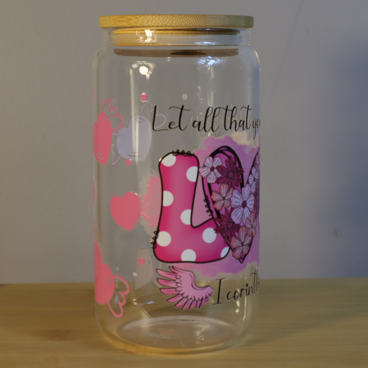 Let Everything Be Done in Love Pink Hearts Libbey Glass Cup