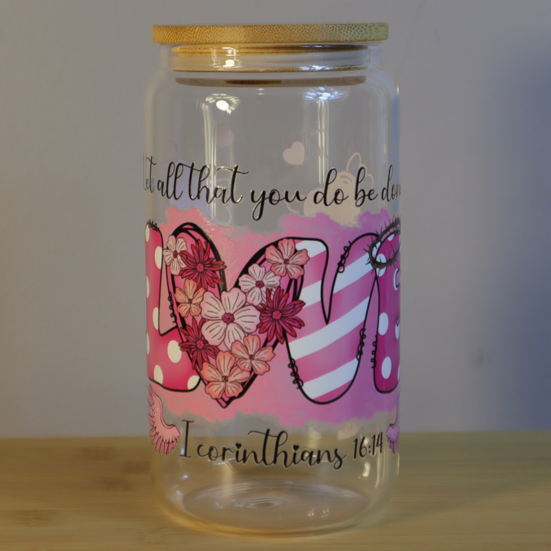 Let Everything Be Done in Love Pink Hearts Libbey Glass Cup