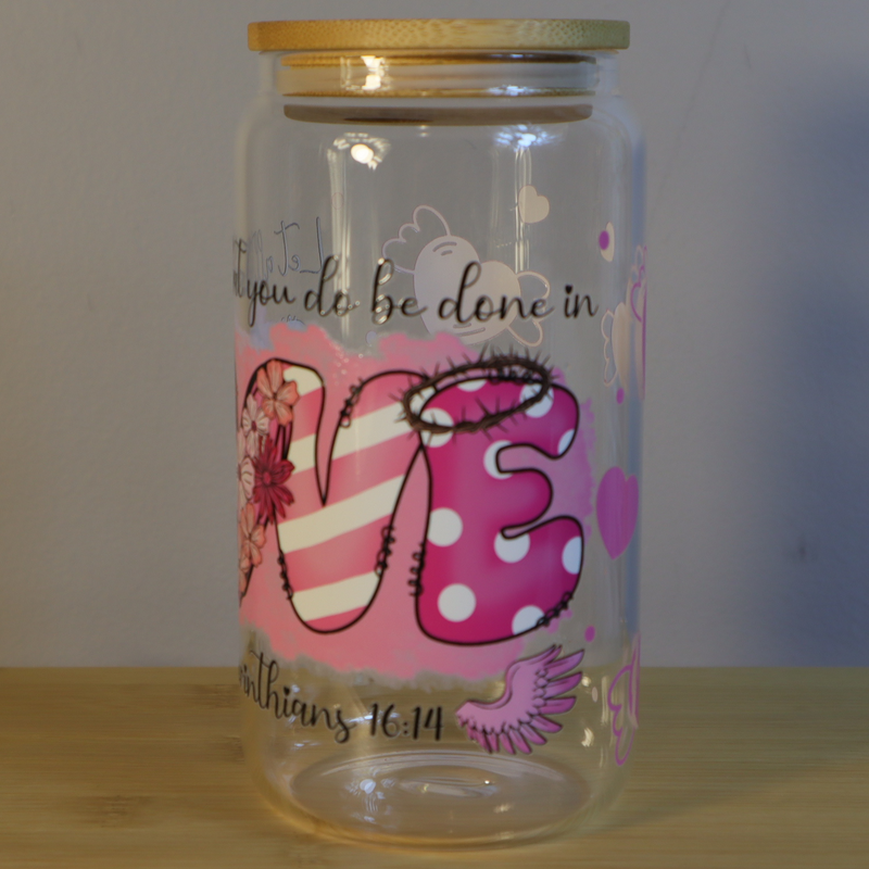 Let Everything Be Done in Love Pink Hearts Libbey Glass Cup